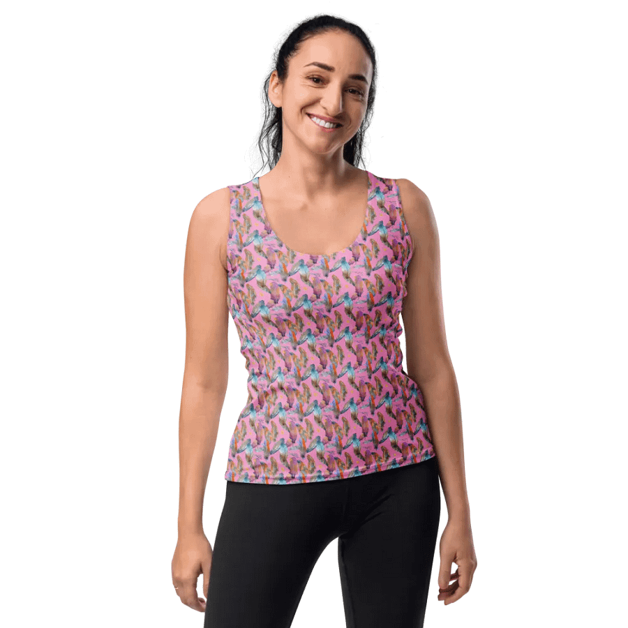 Ladies all over print tank top with colorful feathers design product image (10)