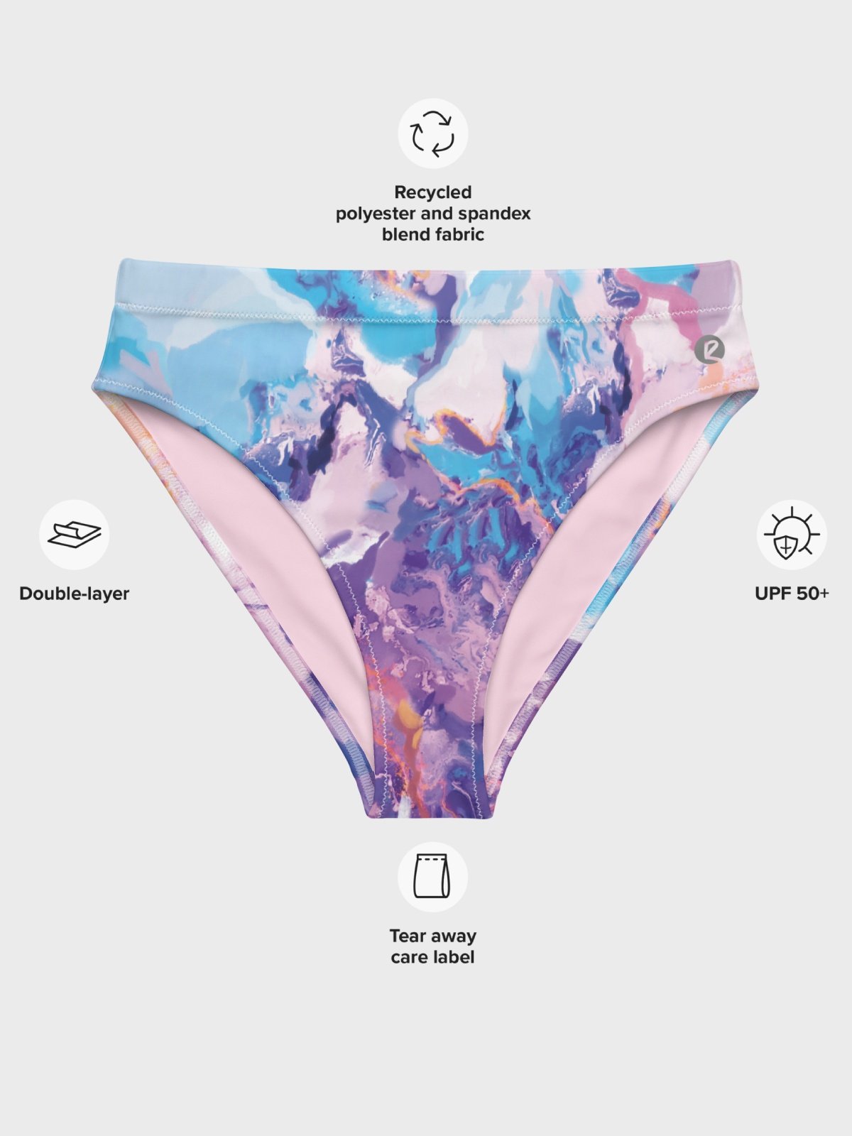 High-Waisted Bikini Bottom "Marble Effect Pastel Blue Purple Dreamy Waves" product image (8)