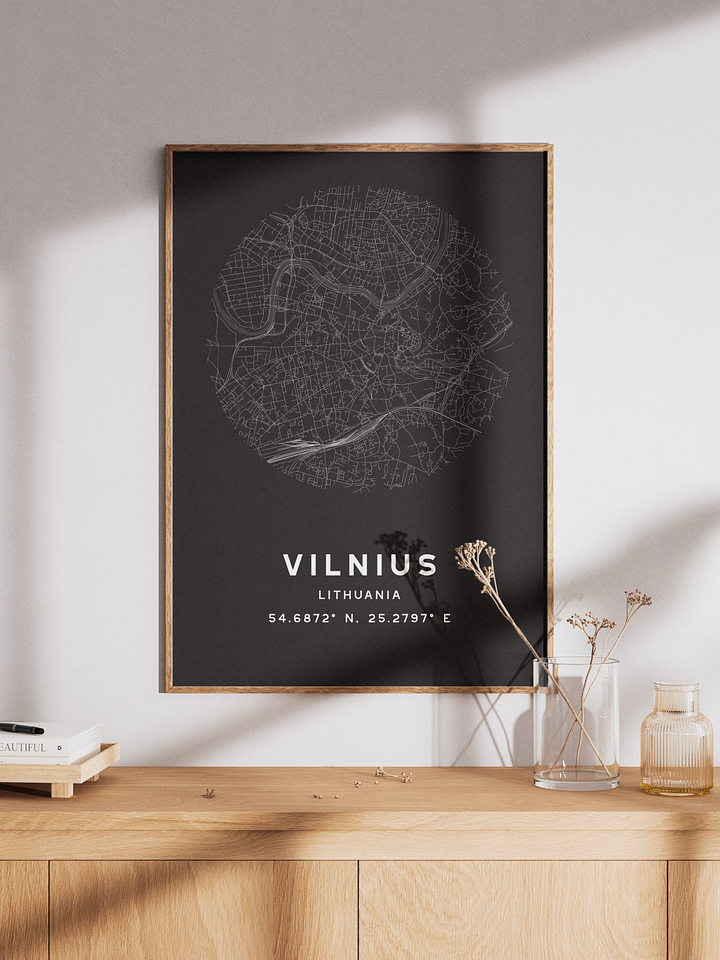 Vilnius Street Map Poster – Black Minimalist Circular City Art product image (1)