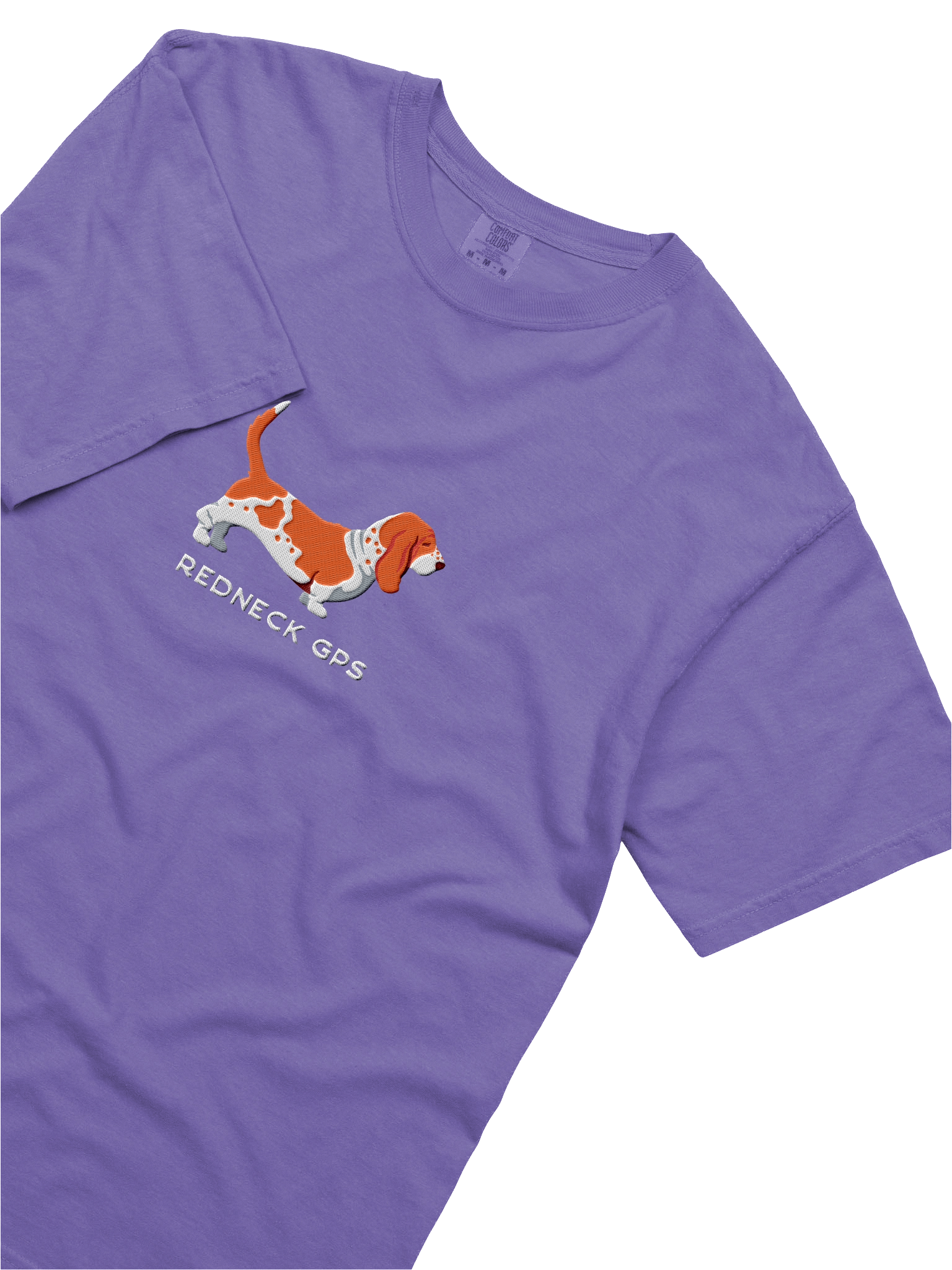 Redneck GPS T-Shirt(Embroidered) of a Basset Hound(Red & White) product image (55)