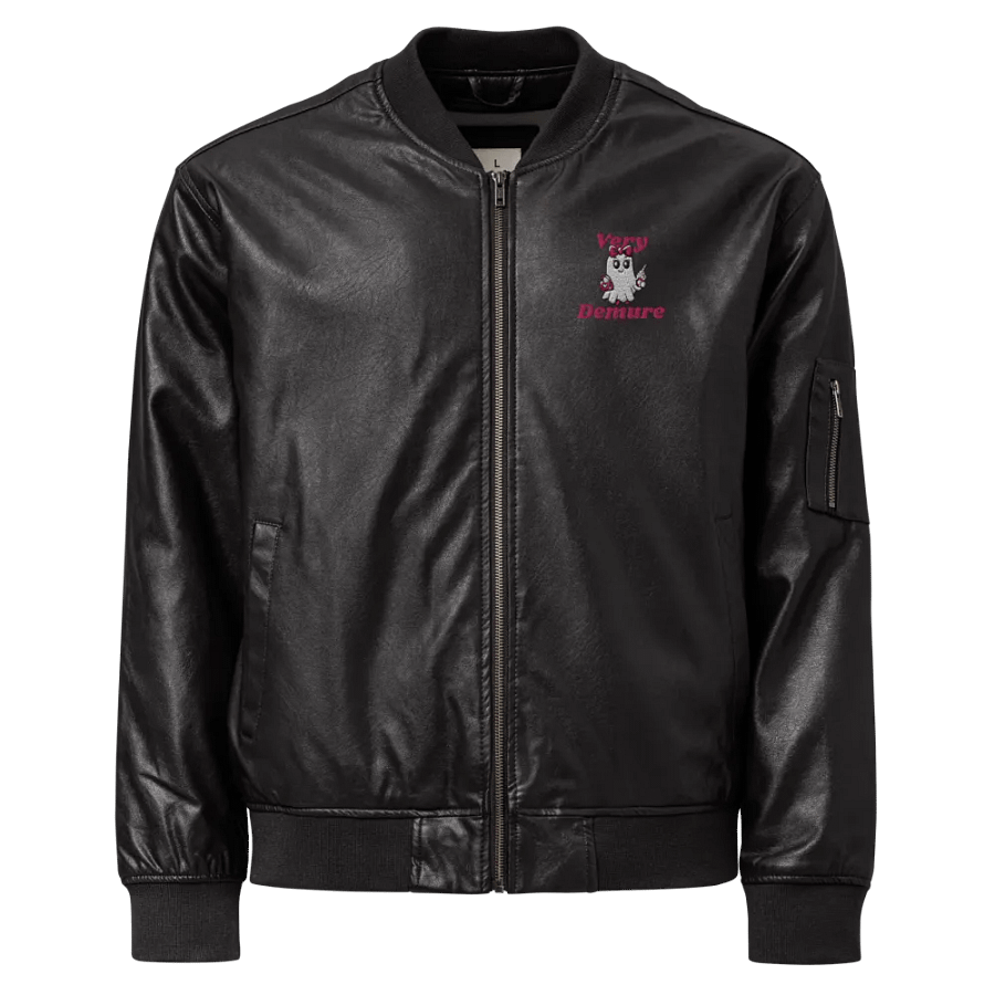 Very Demure Cute Ghost Embroidered Faux Leather Bomber Jacket product image (1)
