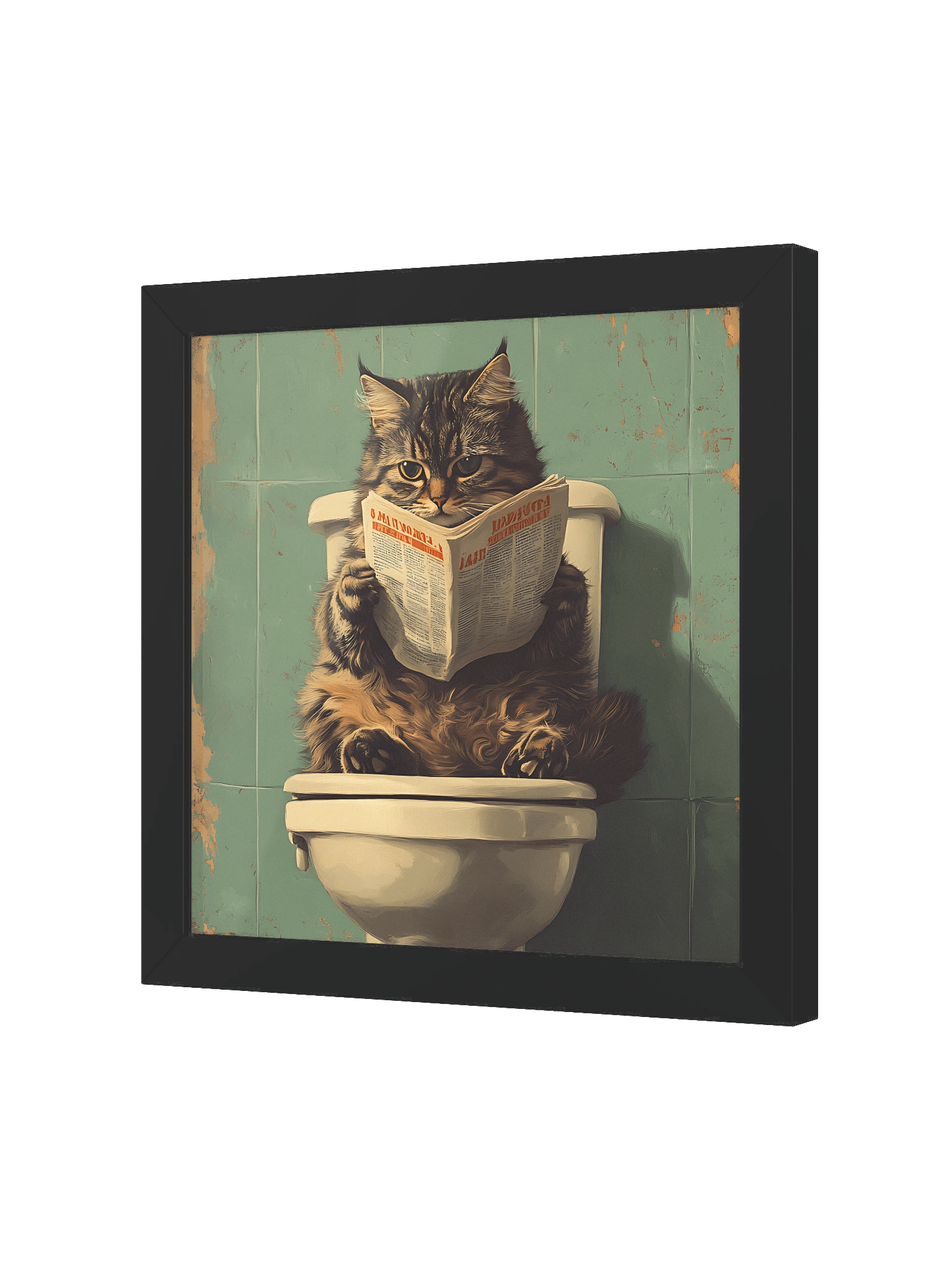 Funny bathroom cat reading newspaper wall art for quirky home decor teal retro aesthetic print for cat lovers gif product image (2)