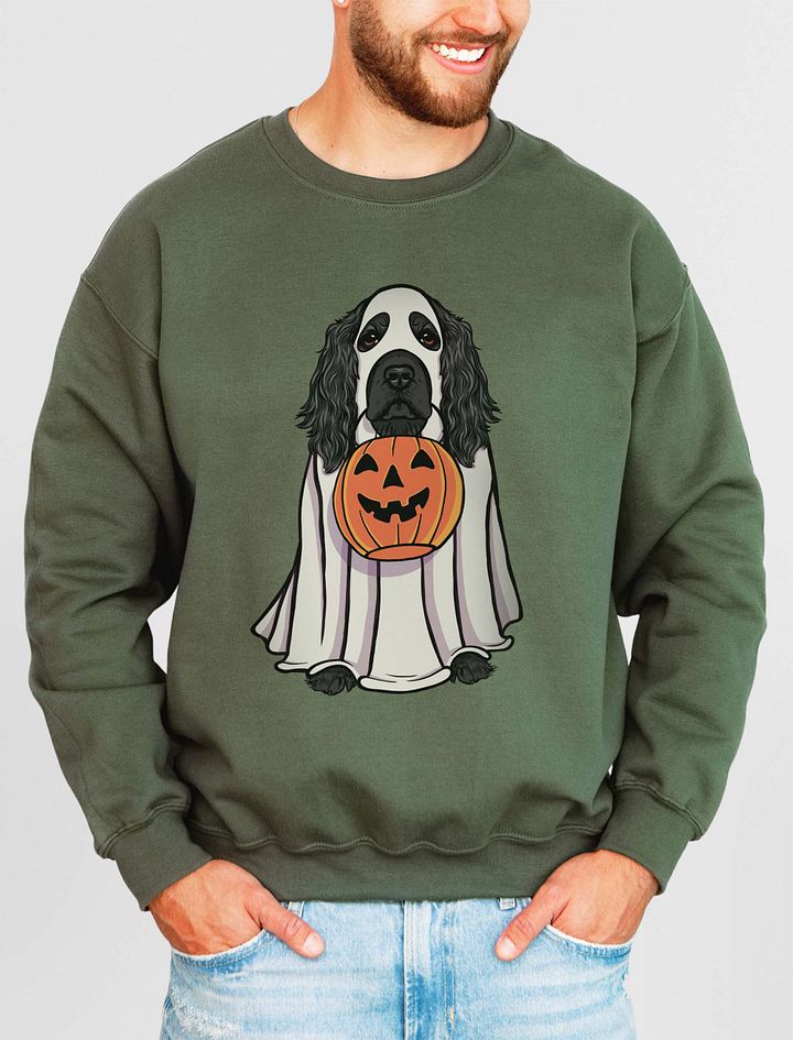 Funny Halloween Cocker Spaniel(Black) Sweatshirt | Funny Cocker Spaniel Wearing a Ghost Costume and Holding a Pumpkin Basket product image (11)