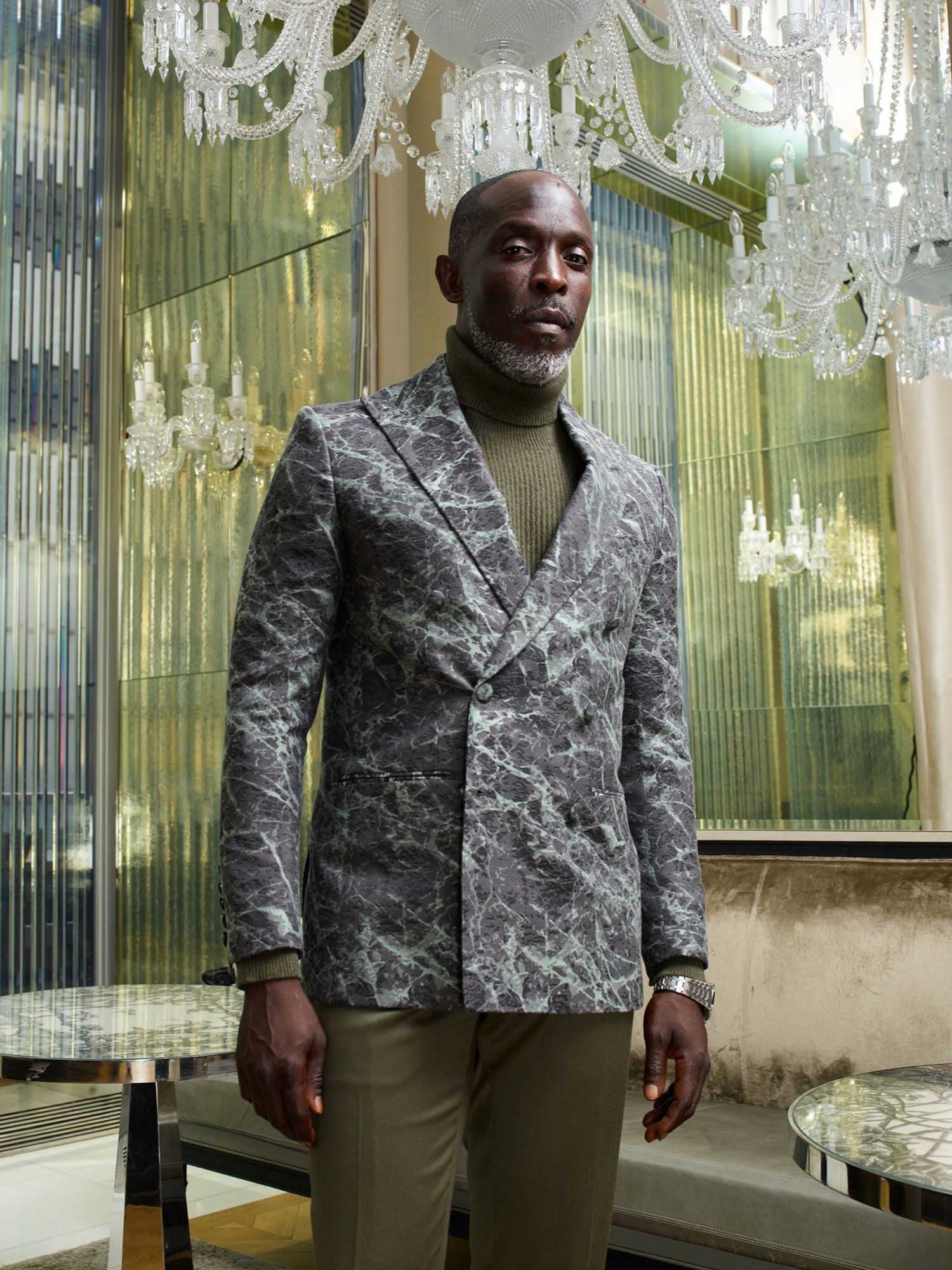 MEN'S OLIVE MARBLE BROCADE DOUBLE BREASTED BLAZER product image (1)