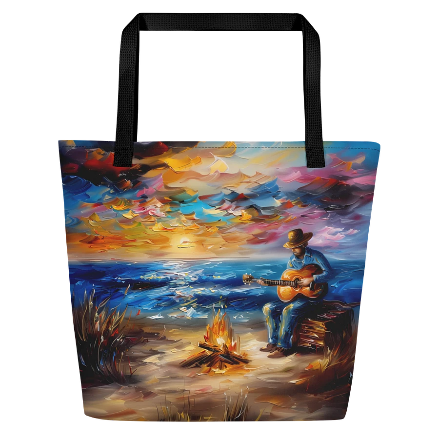 Tote Bag: Musician with Guitar Beach Sunset Weekend Getaway Vibrant Art Style Design product image (3)