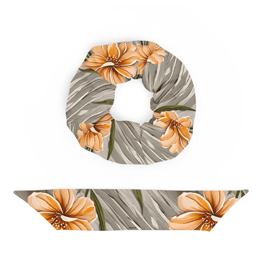 Hair Scrunchie - Painted Flowers in Shades of Yellow and Pink on a Textured Khaki Background product image (5)