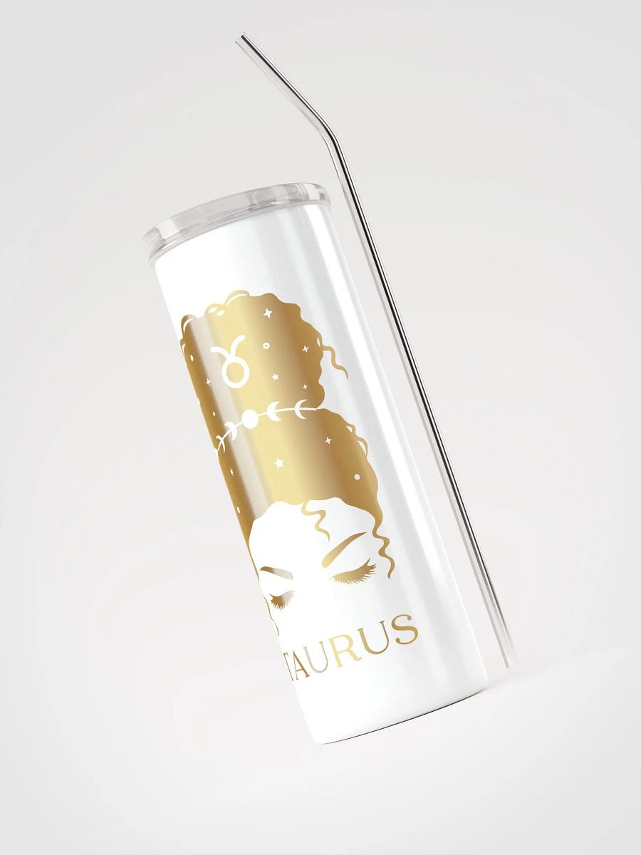 Chic & Celestial: White Taurus Steel Tumbler with Golden Messy Bun Design product image (3)