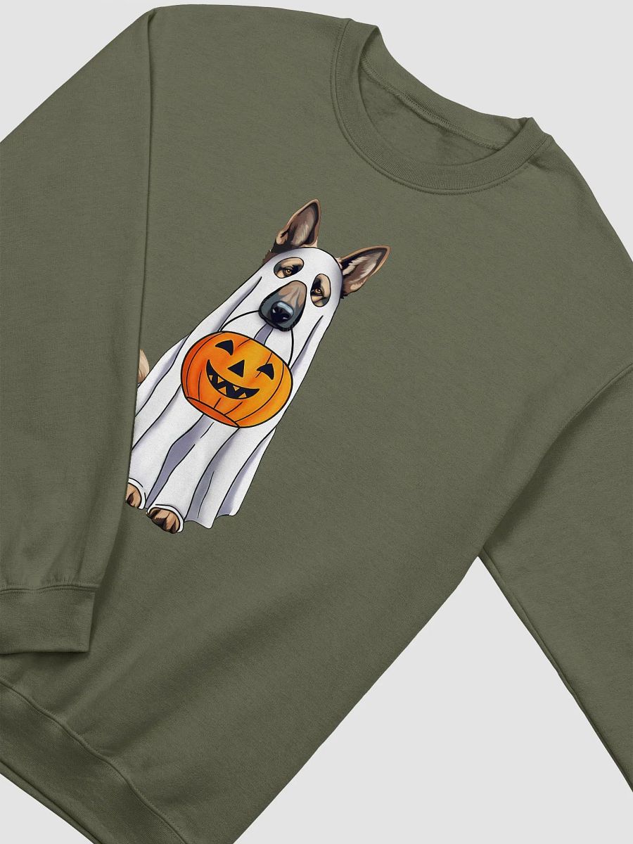 German Shepherd Halloween Sweatshirt | Funny Halloween German Shepherd Wearing a Ghost Costume with Pumpkin Basket product image (22)