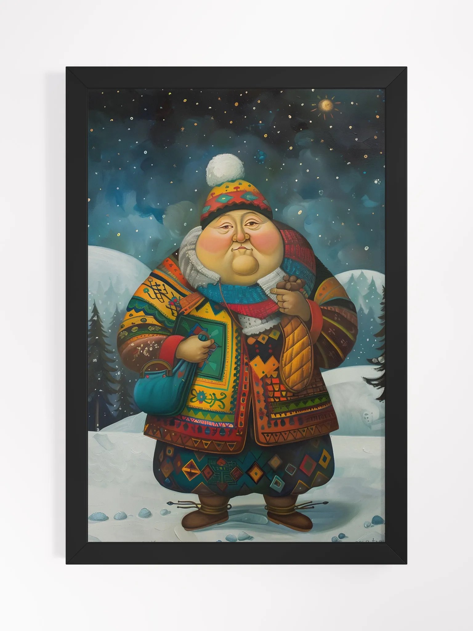 Whimsical winter figure in vibrant patterned outfit. product image (1)