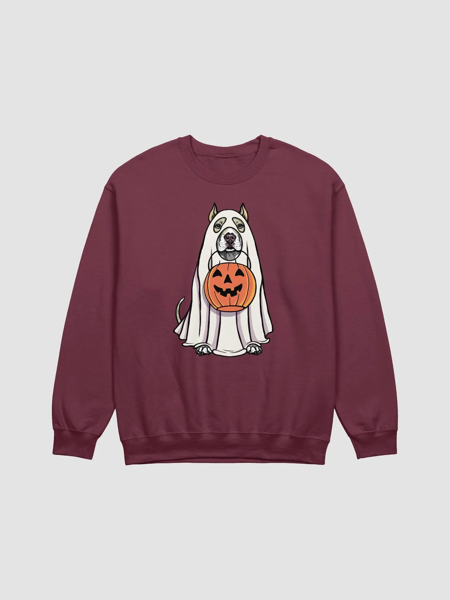 Funny Halloween Pitbull Terrier(Cropped Ears, Fawn) Sweatshirt | Funny Pittie Wearing a Ghost Costume and Holding a Pumpkin Basket product image (12)