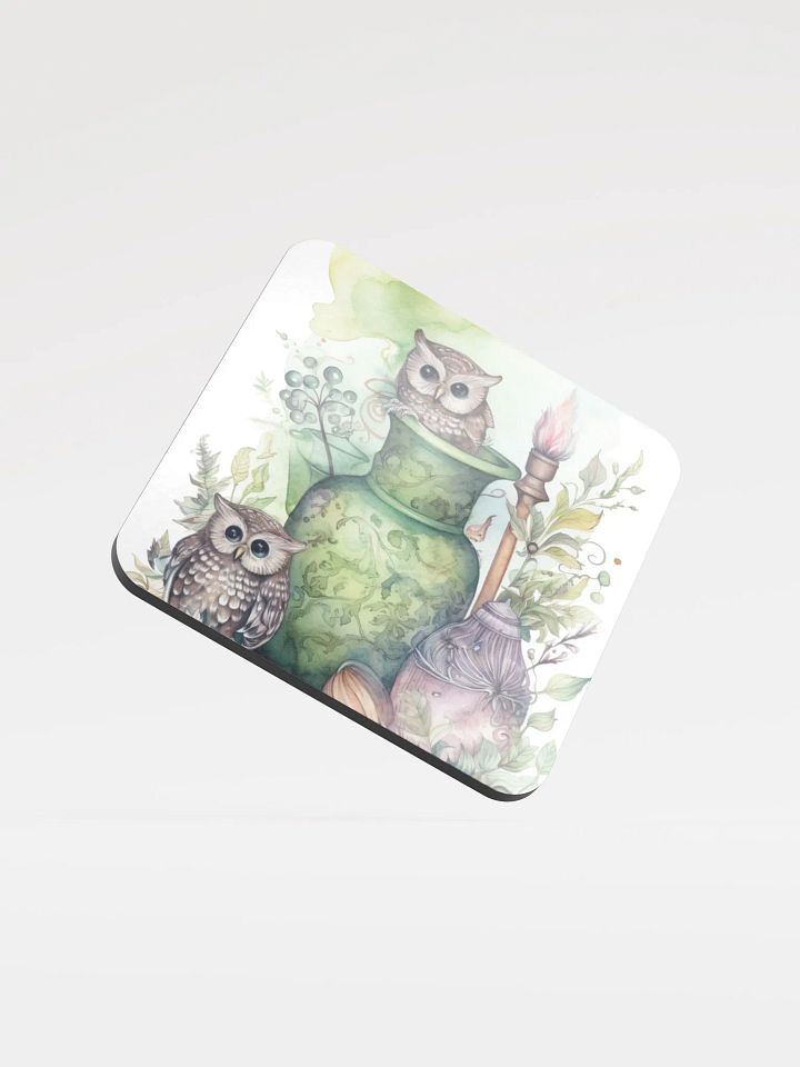 Glossed Cork Coaster 🦉 Peaceful Green Theme - Owls Vibes - Motif 2 product image (1)