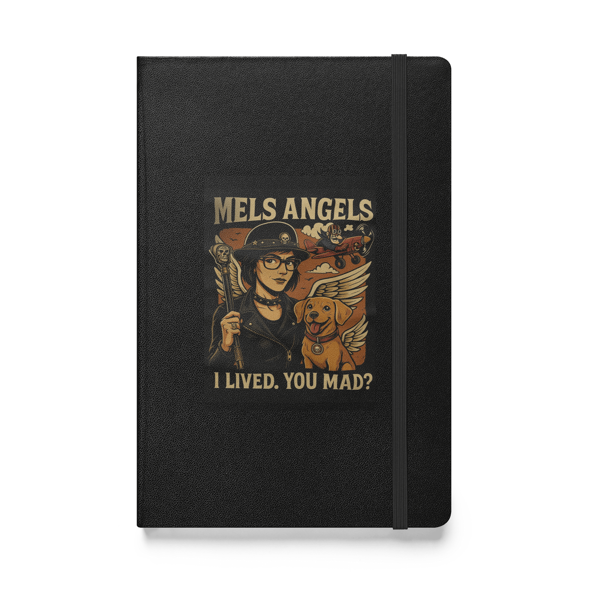 Mel’s Angels “I Lived. You Mad?” Hardcover Journal – Dark Humor Writing Notebook, Winged Dog Rebel Design product image (2)