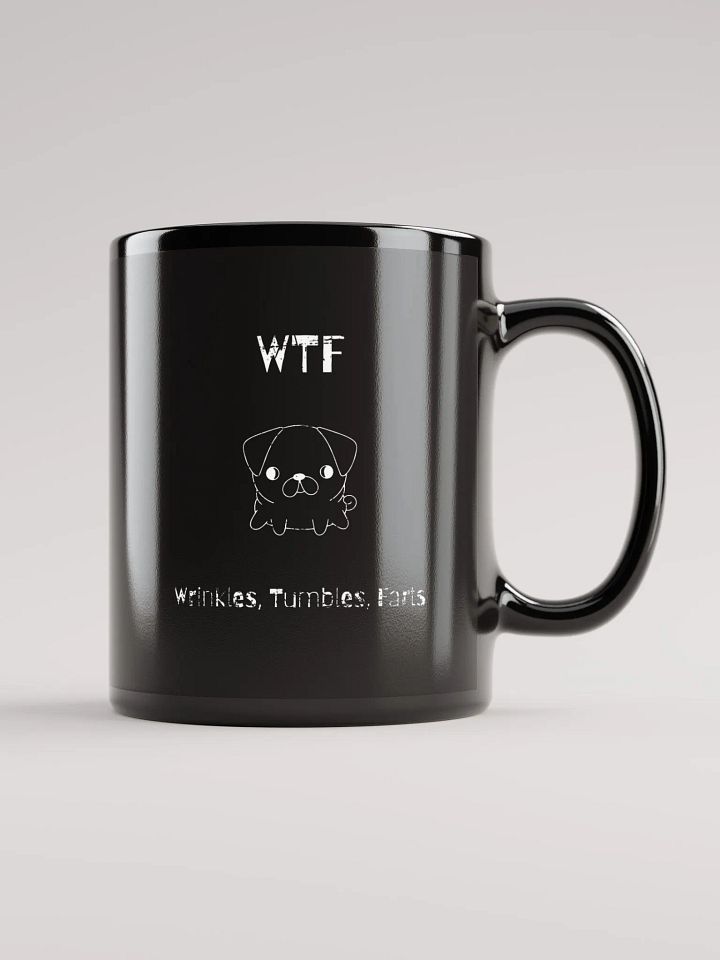 Pug WTF wrinkles tumbles farts, funny pun, cute joke, smelly dog, ambidextrous left-handed right-handed tea coffee mug product image (1)