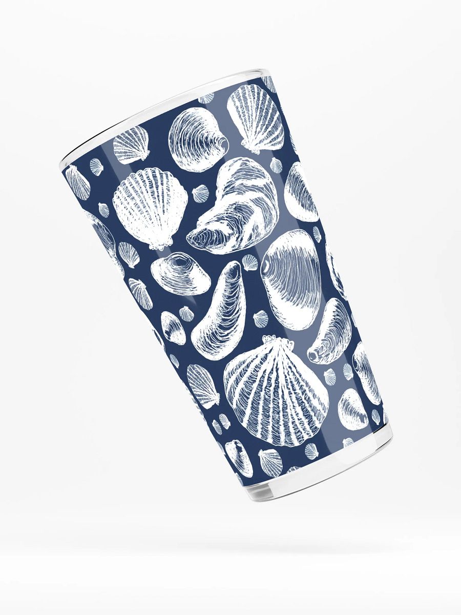New England Tidal Treasures | | White on Dark Blue | Coastal Shell Repeat | Shaker Pint Glass by Monique Faella Designs™ Shell Yeah, It’s Sip Time 🐚🍺🌊 product image (4)