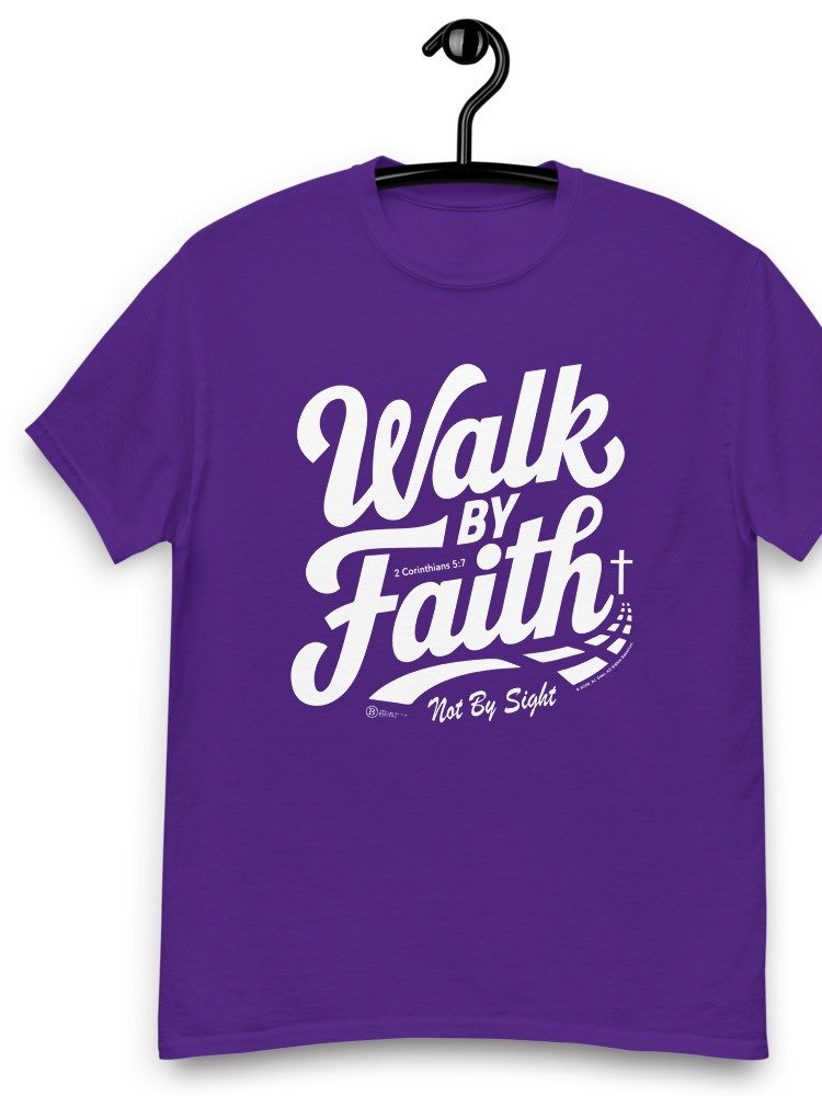 Walk By Faith, Heavyweight Unisex Crewneck T-shirt | Gildan® 5000, 2 Corinthians 5:7, KJV, Bible Verse, Scripture Shirt, White print on Dark Shirts product image (11)