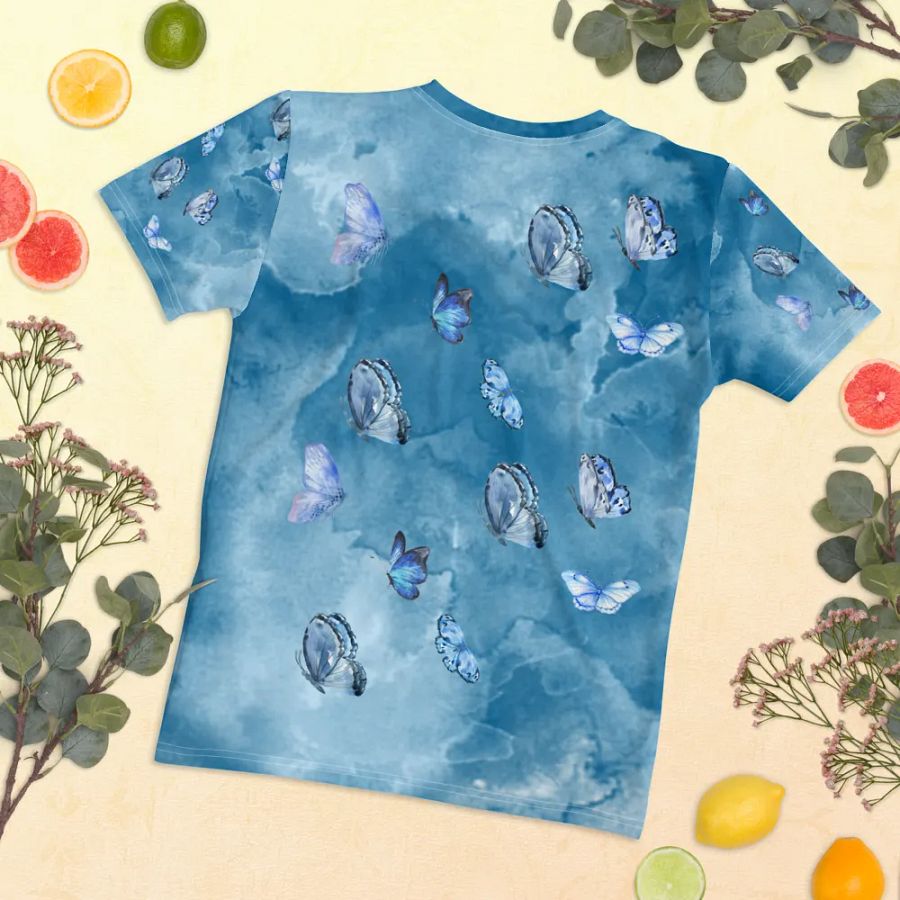 Womens all over printed t shit with light blue water color design with butterflies product image (11)