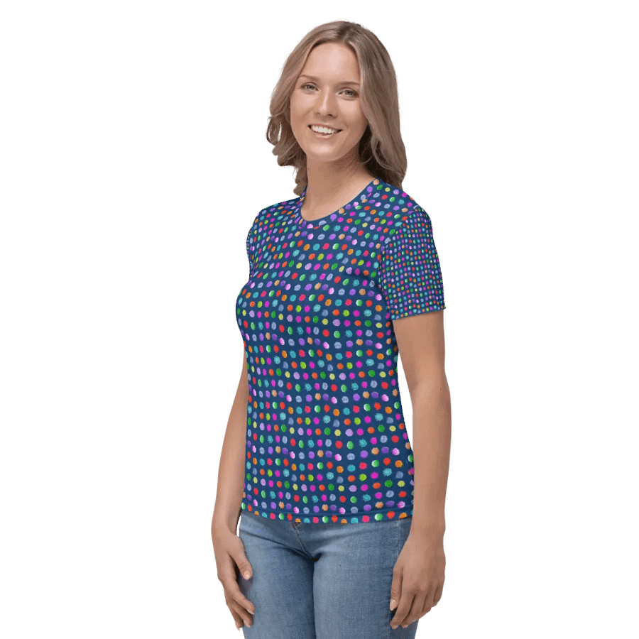 Ladies all over print t shirt navy with watercolor dots design. Ideal or casual as well as evening wear. product image (3)