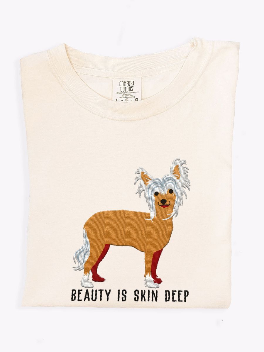 Beauty Is Skin Deep T-Shirt(Embroidered) of a Chinese Crested Dog(Tan) product image (1)