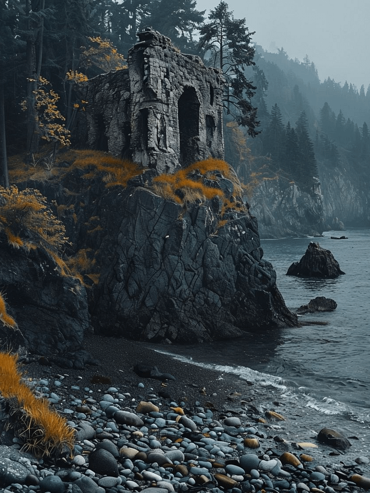 Misty Cliff Ruins Framed Art Poster product image (1)