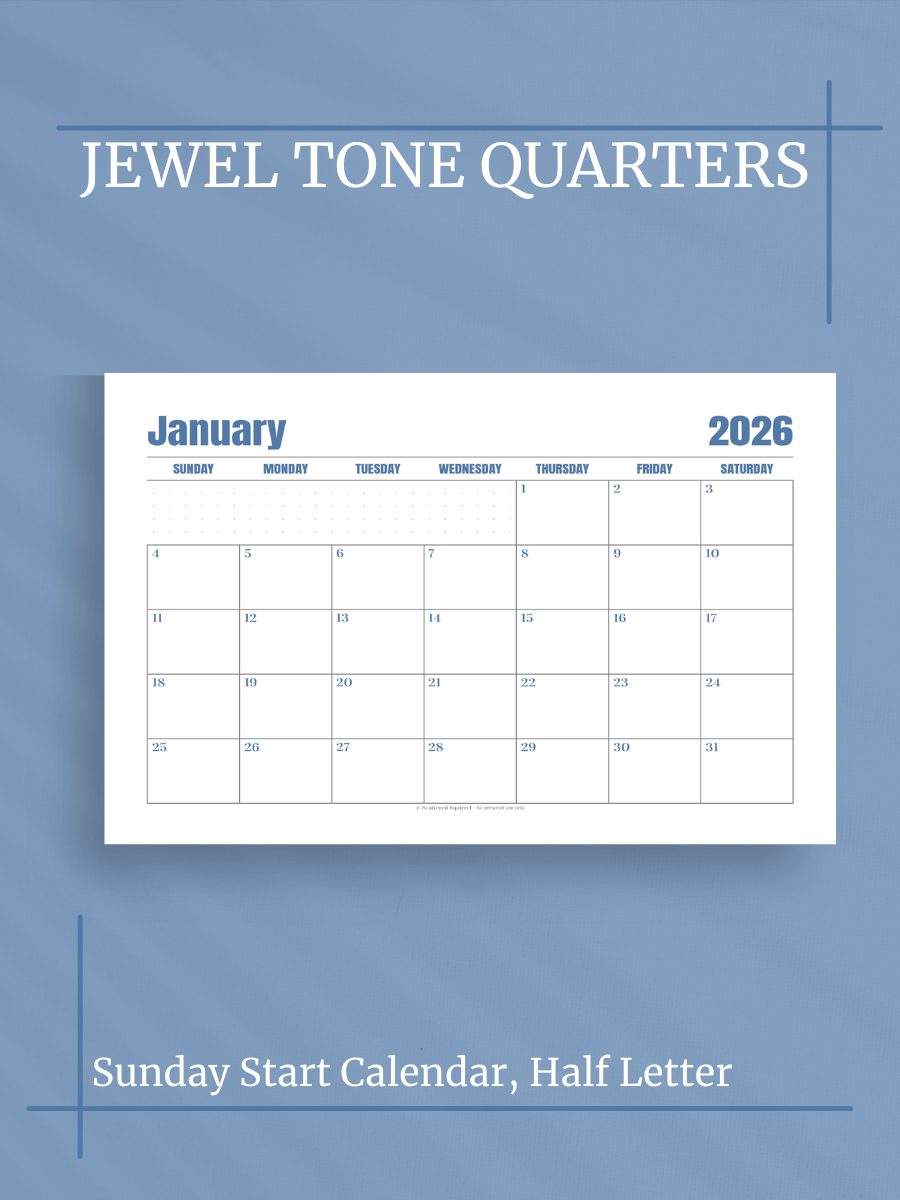 Jewel Tone Quarters 2026 Calendar - Single Page per Month, Sunday Start, Half Letter Size product image (1)