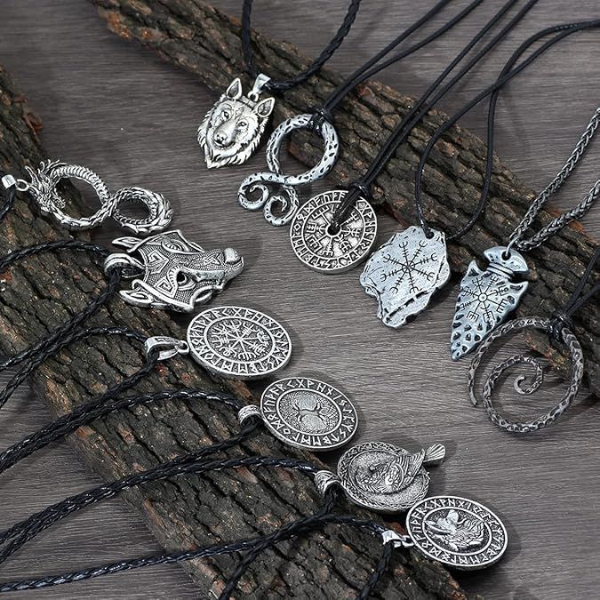 12-Piece Viking Amulet Set – Vegvisir Compass Necklaces with Gift Bag | Norse Protection & Power Collection. product image (1)