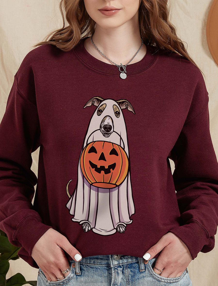 Funny Halloween Italian Greyhound(Fawn) Sweatshirt | Funny Iggy Wearing a Ghost Costume and Holding a Pumpkin Basket product image (10)