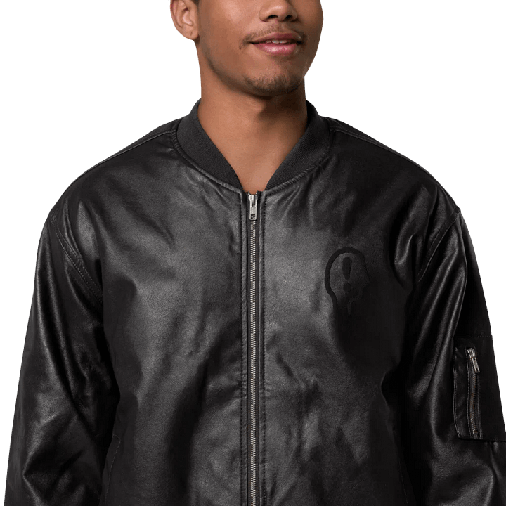 EXCLAIMING MENTALLY monochrome black embroidered faux leather jacket product image (1)