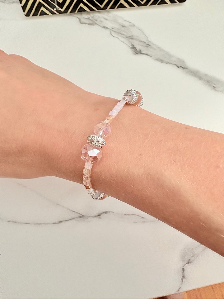 MFD-00053 | Blush Whisper | Faceted & Iridescent Bead stretch Bracelet with Lobster Clasp | Handmade 7.5" Coastal Charm | by Monique Faella Designs™ product image (1)
