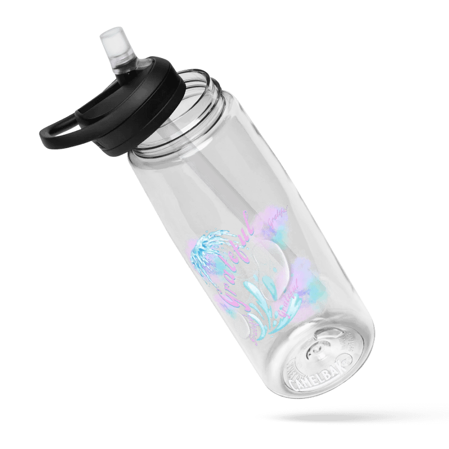 Camelback water bottle with beautiful swirly blue water splash and drops design featuring “ grateful’ product image (6)