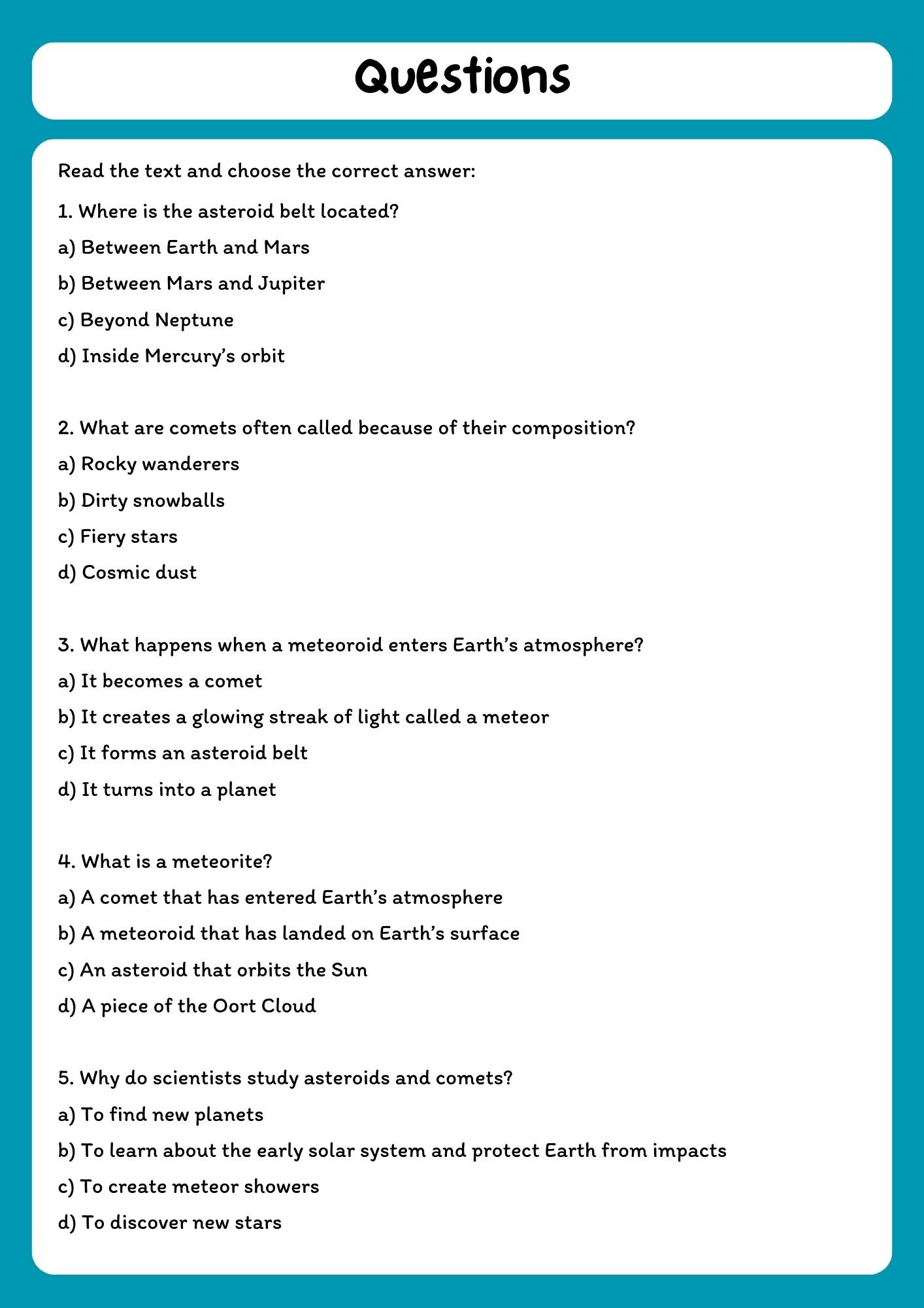 Comets, Meteors, and Asteroids Reading Comprehension with Questions product image (2)