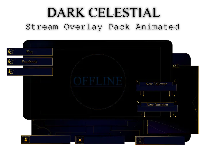 SIMPLE Dark STREAM OVERLAY Celestial, Dark overlay pack, Celestial Animated Overlay, Stream overlay pack, Black and gold Overlay product image (1)