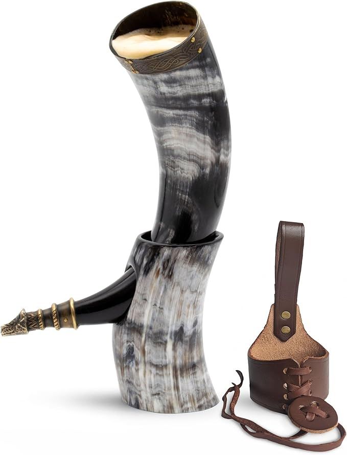 Genuine 30 cm Ox-Horn Viking Drinking Horn with Horn Stand & Brass Wolf Adornments product image (1)