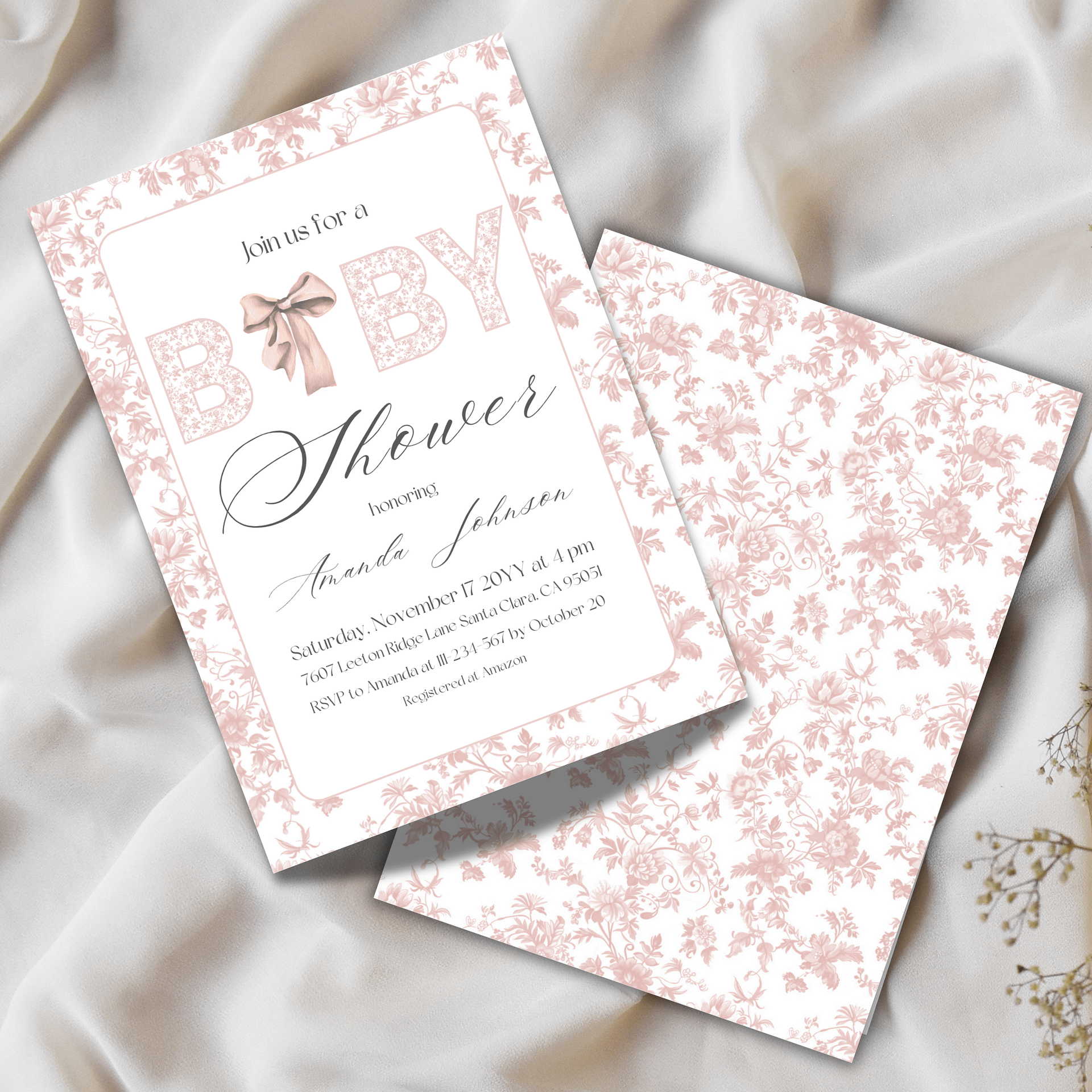 Pink Bow Toile de Jouy Baby Shower Invitation, Chinoiserie Floral Themed Girl Baby Shower Invite for Digital Download | Canva Template product image (2)
