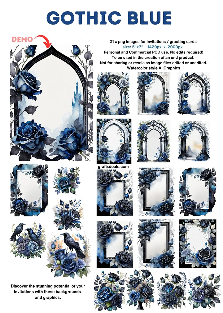 Gothic Invitation Design Bundle - Black Blue Roses Ravens product image (1)