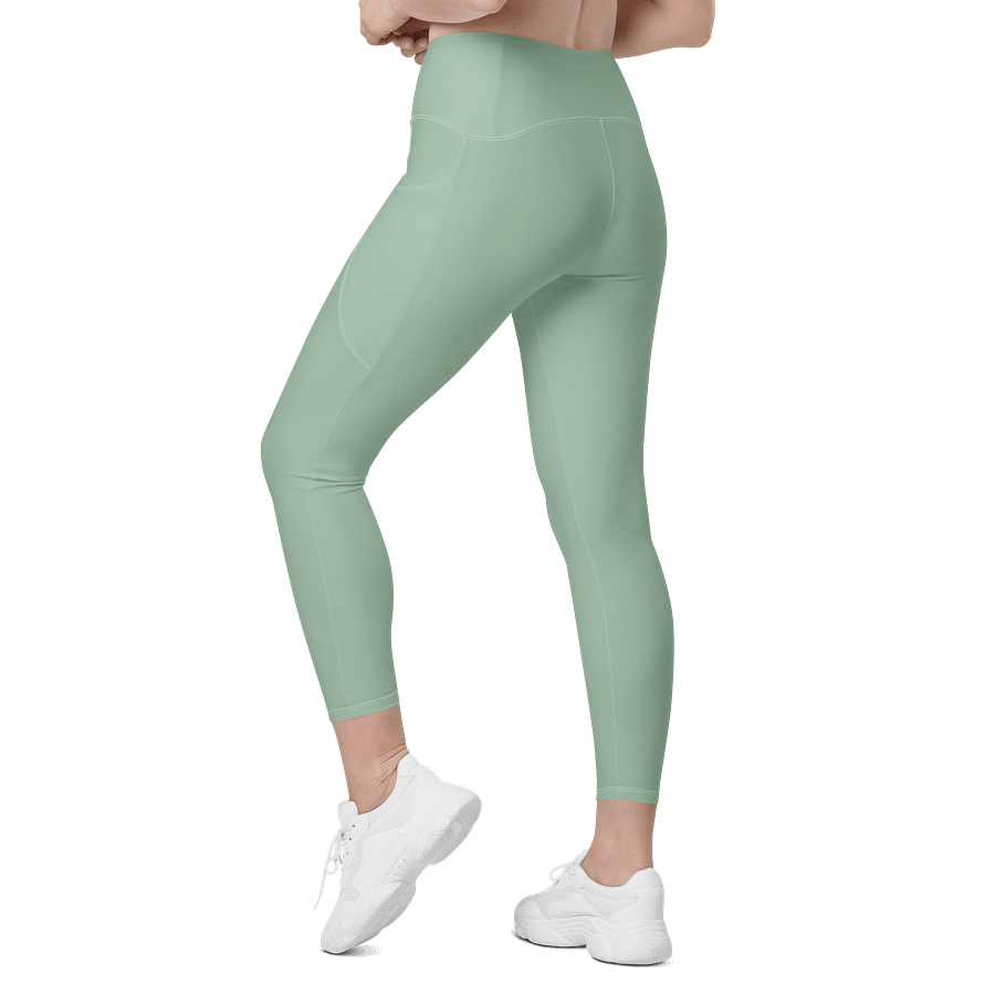 Plain Light Sage Green Soft Summer Women's High Waisted Premium Crossover Leggings with Pockets by Treasure Pie product image (7)