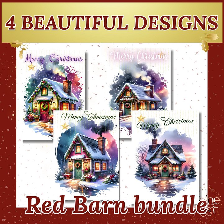 Cozy Cottage Christmas Card Set | Watercolor Winter House Holiday Cards | Printable JPG & PDF Bundle | Ready to Print Digital Greeting product image (1)