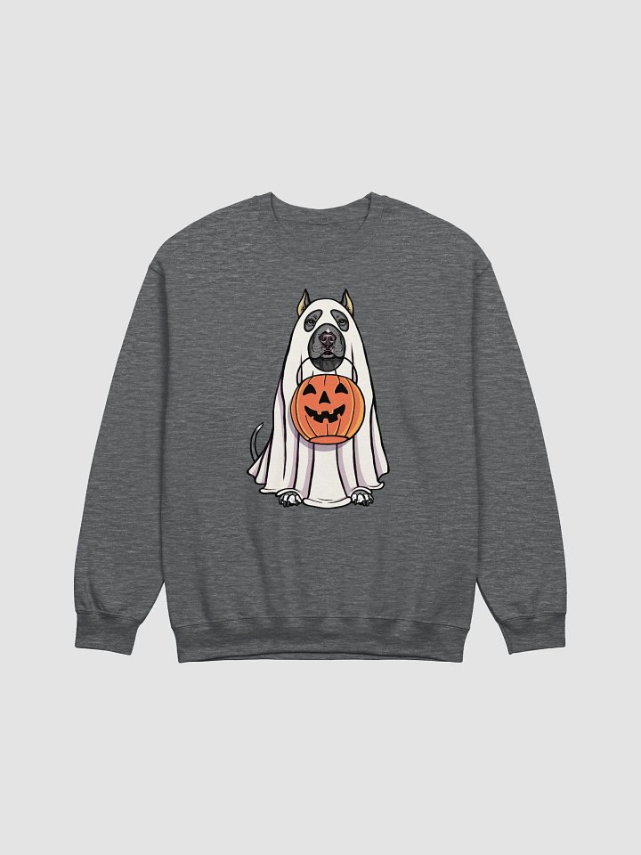 Funny Halloween Pitbull Terrier(Cropped Ears, Blue) Sweatshirt | Funny Pittie Wearing a Ghost Costume and Holding a Pumpkin Basket product image (1)