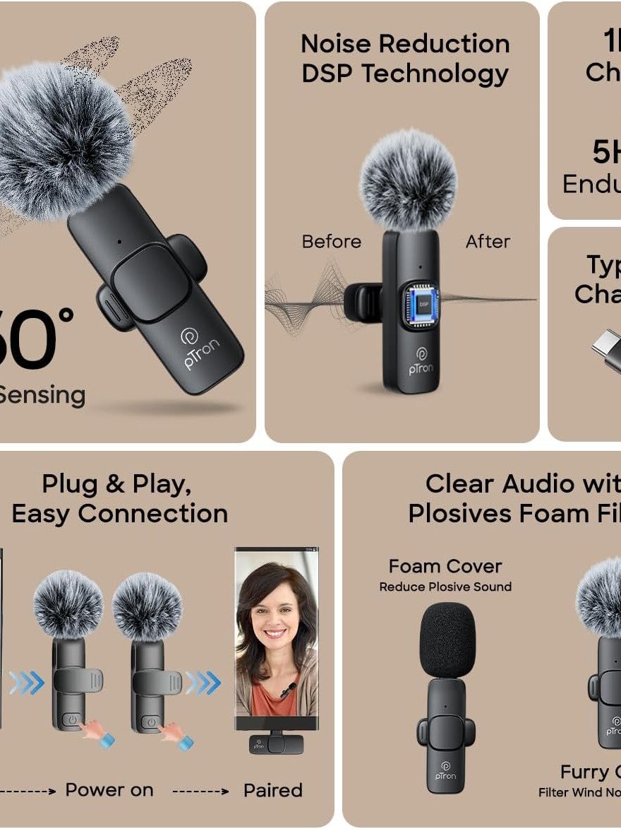 pTron KWM-1 Omnidirectional Type C Wireless Microphone w/DSP Noise Cancellation, Plug & Play, 25m Wireless Range, product image (4)