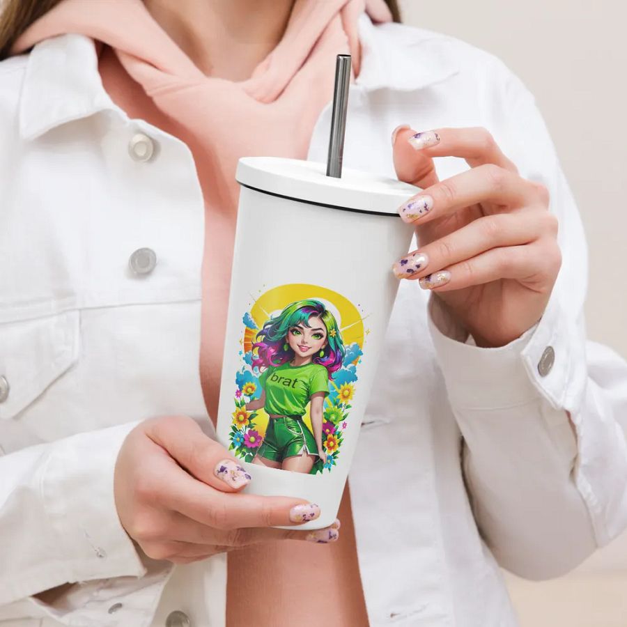 Brat 20 oz Tumbler Cup - White - Insulated Tumbler with a Straw v3 product image (2)