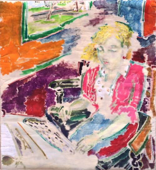 Woman Typing (1987) on canvas (20" x 24") product image (1)