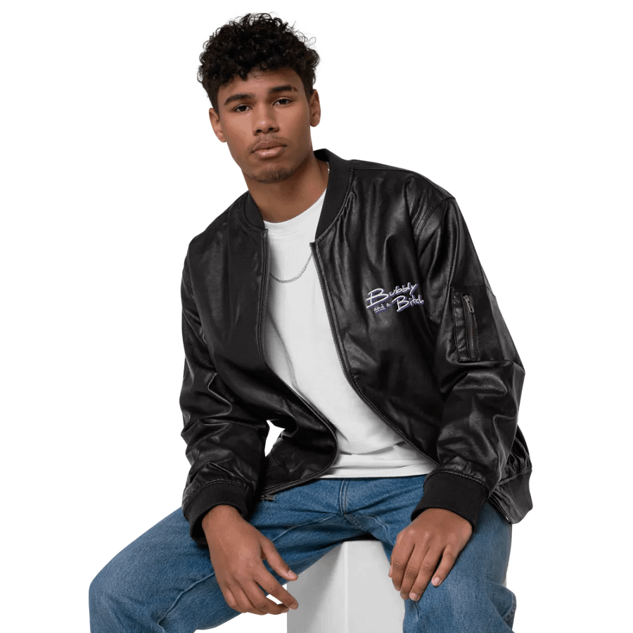 Bubbly and a B (purple shadow design) faux leather bomber jacket product image (5)