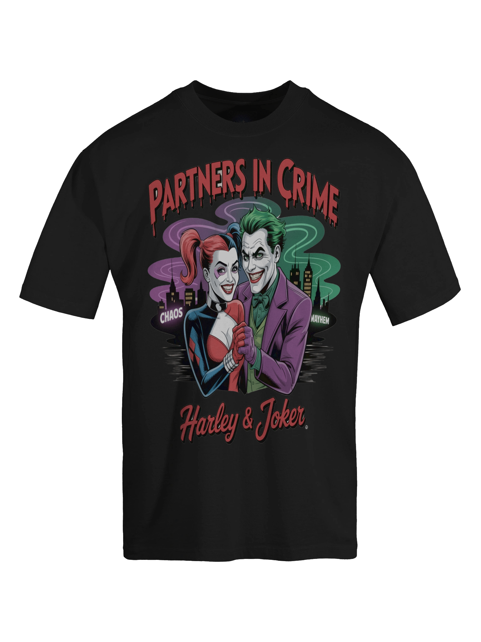 Partners in Crime: Harley Quinn & Joker Shadowed Shenanigans Oversized Faded Unisex T-Shirt product image (1)
