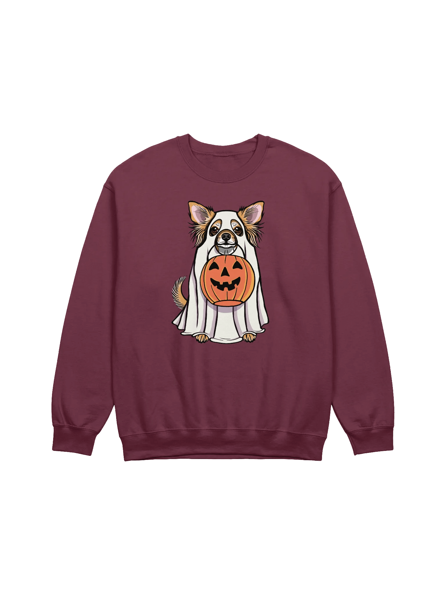 Funny Halloween Longhaired Chihuahua Sweatshirt | Funny Chihuahua Wearing a Ghost Costume and Holding a Pumpkin Basket product image (12)