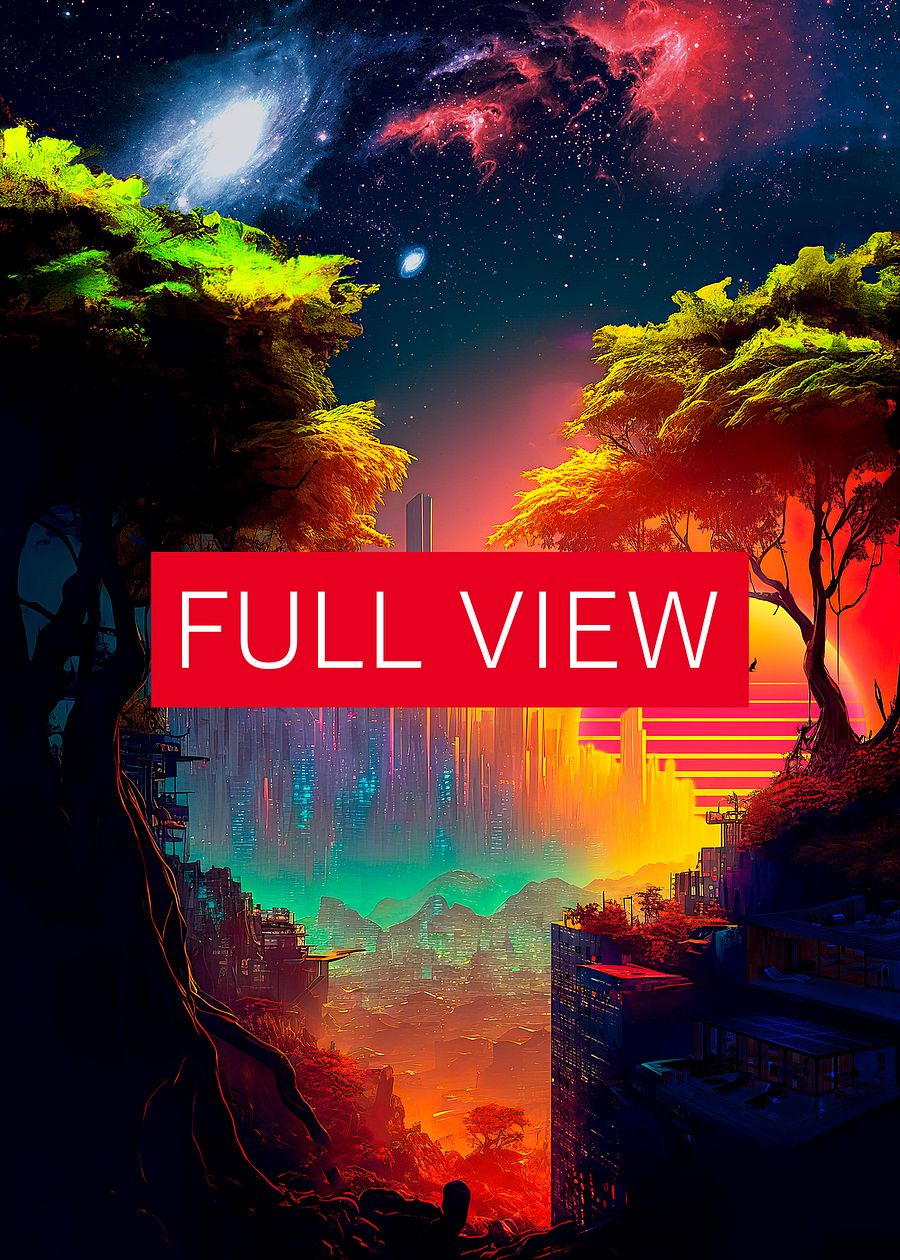 Synthwave cyberpunk city in a forest — surreal space collage art, futuristic sci-fi collage product image (3)