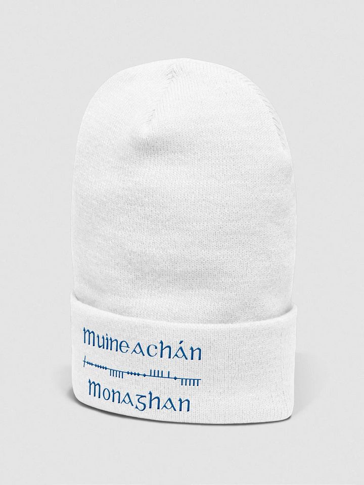 Monaghan/Muineachán Scholastic Ogham, white with blue, embroidered Cuffed Beanie product image (2)
