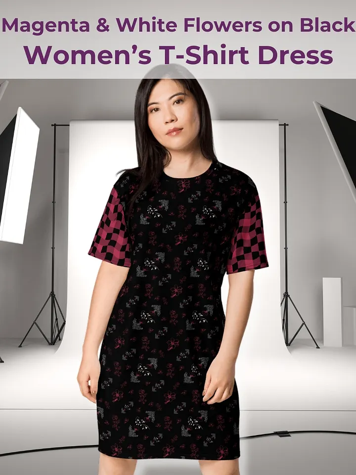 Magenta and White Flowers on Black with Warped Checkered Sleeves Women's T-Shirt Dress product image (1)