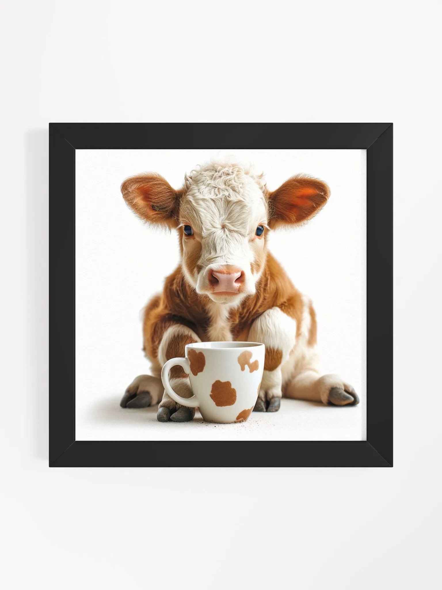 Cute Coffee Lover Baby Brown and White Cow Framed Wall Art product image (1)