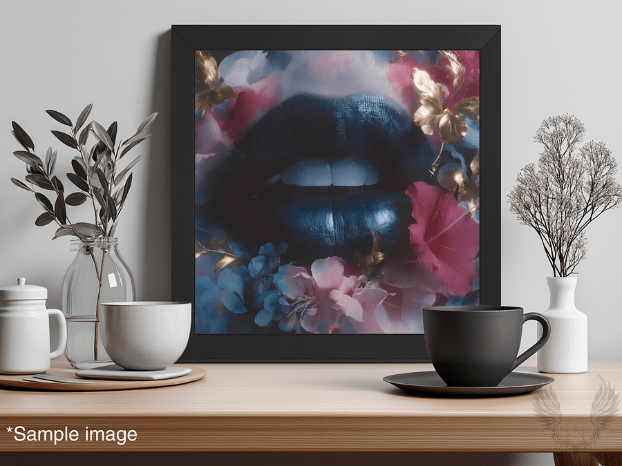 Velvet Bloom: Bold Lips & Floral Fantasy Wall Art Print product image (1)