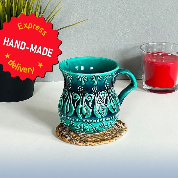 Ceramic milk/ayran cup, turquoise/green/emerald mug — handmade pottery, handmade ceramic, home decor, handmade gift, Turkish ceramic product image (1)