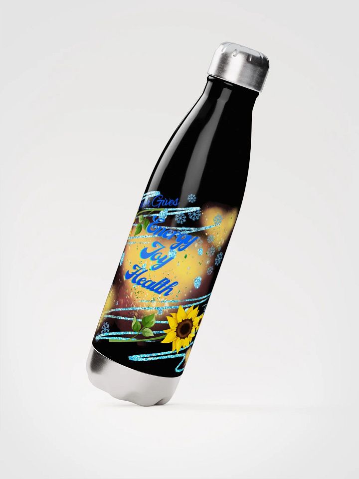Stainless steal water bottle with beautiful sunflowerr blue water drops featuring ' This water gives Harmony in Body and Mind